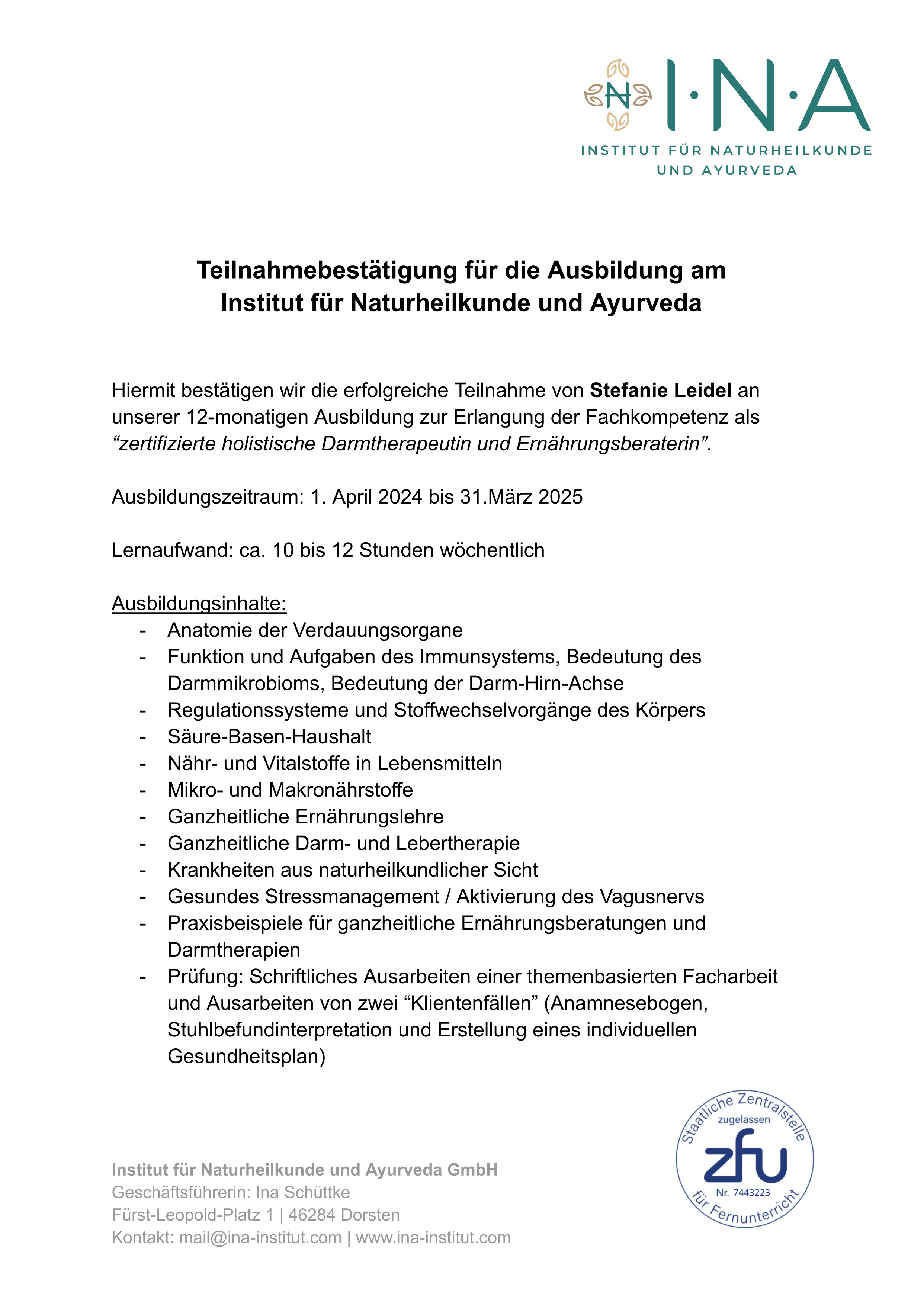 Teilnahmebestätigung für die Ausbildung am Institut für Naturheilkunde